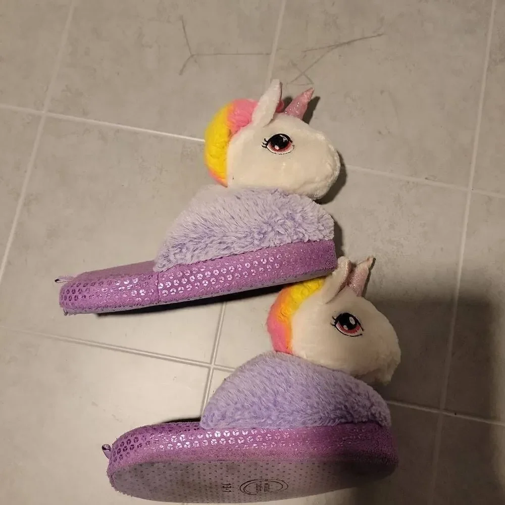 Wonder Nation Girl's Plush 3D Unicorn Purple Scuff Slip-on Slippers Size 13-1
